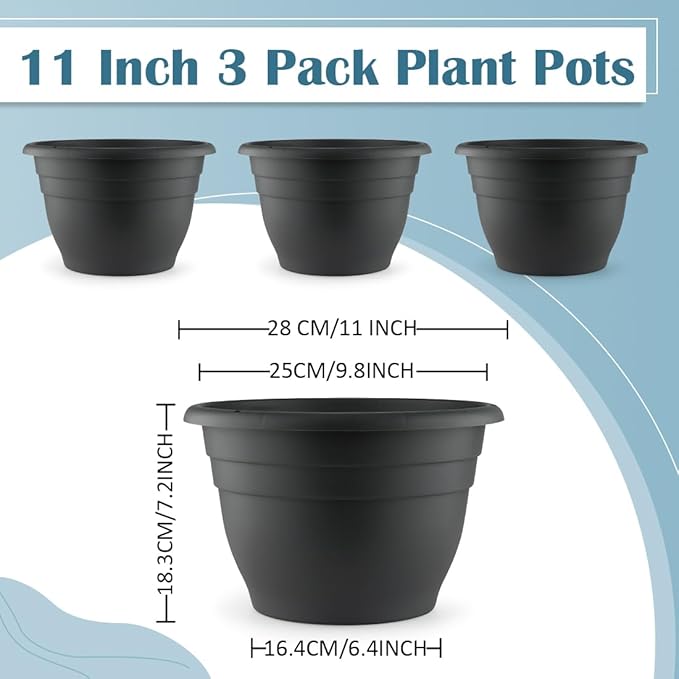 11 Inch Plant Pots, 3 Pack Planters for Indoor Ourdoor Plants, Round Plastic Flower Pots, Large Planters with Drainage Hole and Plug, Gray-BloomoryGarden