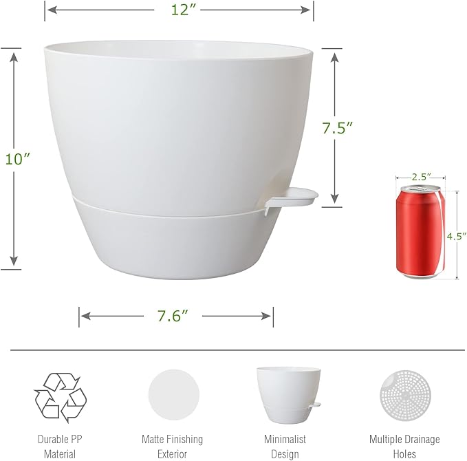 12inch Self Watering Pots, Plastic Planters with Mesh Drainage Holes and Deep Reservoir for Indoor Outdoor Garden Plants and Flowers, White-BloomoryGarden