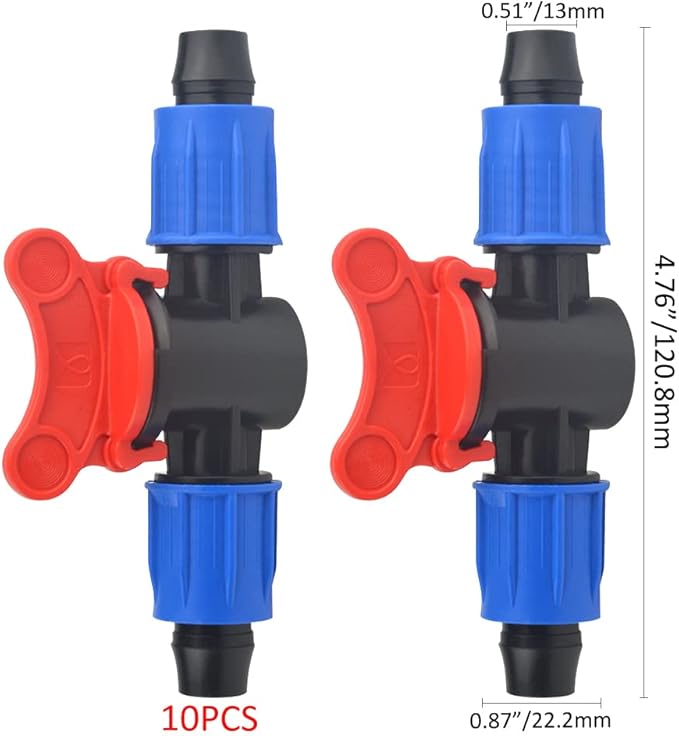 10Pack 1/2 Inch Drip Irrigation Shut-Off Valve Universal Drip Irrigation Tubing Coupling Valve Drip Connector Fitting Compatible with 16 to 17 mm Drip Tape Tubing Sprinkler System (Blue Red)-BloomoryGarden