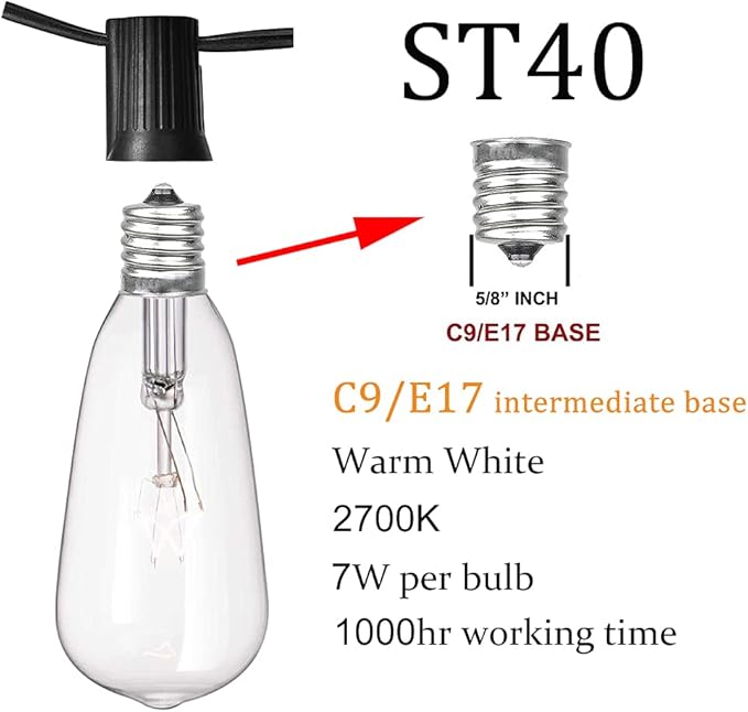 10Ft Outdoor String Lights Waterproof, Hanging Patio Lights with 11 Edison Bulbs (1 Spare), ST40 Vintage Edison Bulbs String Lights for Indoor Garden Backyard Party Wedding Balcony Decor- Black-BloomoryGarden
