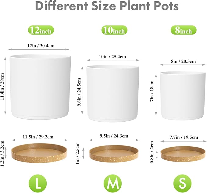 12/10/8 inch Large Flower Pots, 3 Pack Cylinder Deep Plant Pots for Outdoor Indoor Plants, Tall Plastic Planters with Drainage Holes and Saucers for Garden House Plants, White with Brown-BloomoryGarden