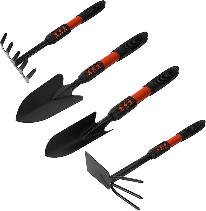 Luwint Gardening Tools Kit, Pack of 4 Garden Tool Set with Non-Slip Handle, Sturdy Classic Utility Tool Heavy Duty Steel Garden Tools with Long Ergonomic Handle for Maintaining Lawn Garden Vege-BloomoryGarden