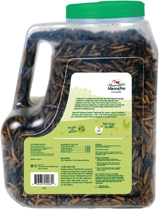 Manna Pro Farmhouse Favorites Beetle Bliss Poultry Treat – Blend of Mealworms and Beetles – All Natural Treat for Chickens, Ducks, Geese, Turkeys, & Guinea Fowl – 45% Protein – 25oz-BloomoryGarden