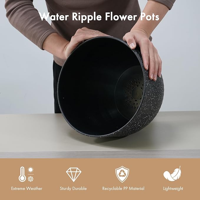 12 Inch Wide Water Ripples Flower Pots for Indoor or Outdoor Plants, Large Plant Pots with Drainage Holes & Saucer, Plastic Planters Set for Garden & Home Decor (Black with White Speckles)-BloomoryGarden