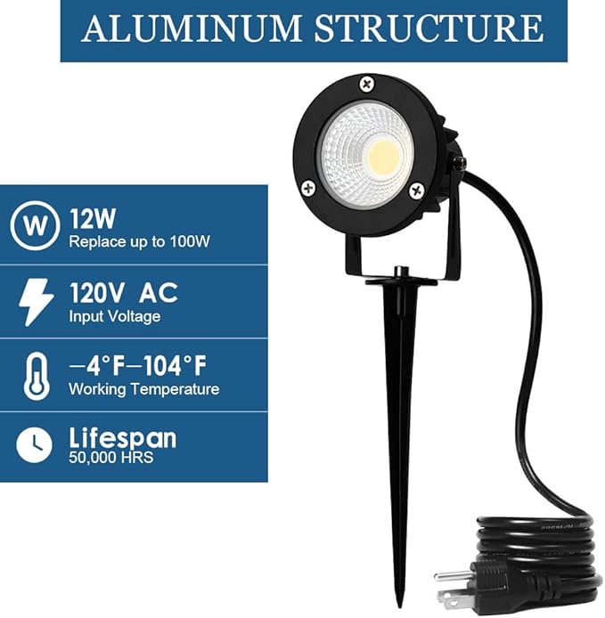 12W LED Landscape Spotlight,120V Landscape Lighting Outdoor for Mounted Flag Pole Light,IP65 Landscape Lights Warm White Garden Decorative Lamp 6FT Cord with US 3 Prong (Base,Stake Included)-BloomoryGarden