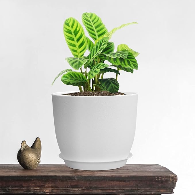 12/10/9 Large Modern Plant Pots, Plastic Planters with Drainage Holes and Saucers for Indoor Outdoor Plants Flowers, White-BloomoryGarden