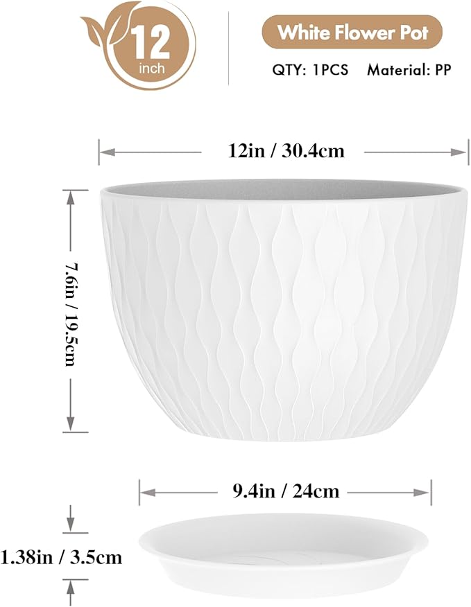 12 Inch Large Plant Pots for Indoor or Outdoor Plants, Wide Water Ripples Flower Pots with Drainage Holes & Saucer, Plastic Planters Set for Garden & Home Decor (White)-BloomoryGarden