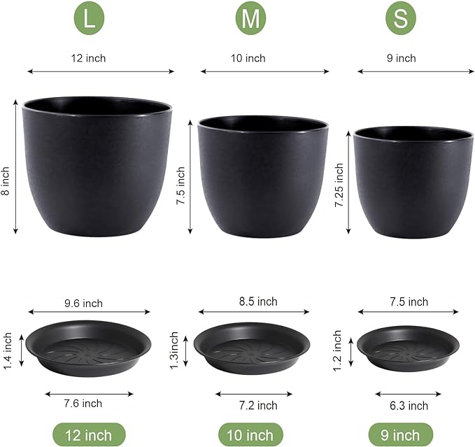 12/10/9 Large Modern Plant Pots, Plastic Planters with Drainage Holes and Saucers for Indoor Outdoor Plants Flowers, Black-BloomoryGarden