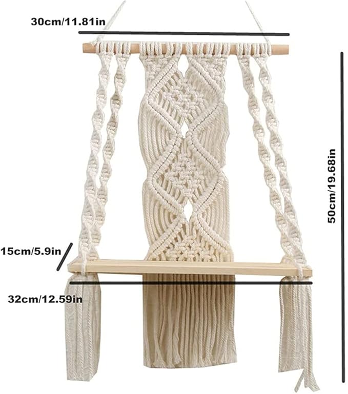 Macrame Wall Hanging Plant Decor Shelf Indoor Outdoor Floating Wood shelve Decorative Hand Made Rope Boho Shelving for Plants-BloomoryGarden