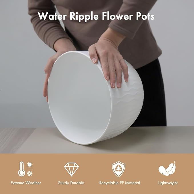 12 Inch Large Plant Pots for Indoor or Outdoor Plants, Wide Water Ripples Flower Pots with Drainage Holes & Saucer, Plastic Planters Set for Garden & Home Decor (White)-BloomoryGarden