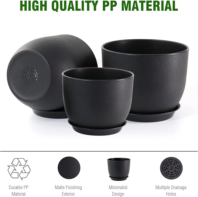 12/10/9 Large Modern Plant Pots, Plastic Planters with Drainage Holes and Saucers for Indoor Outdoor Plants Flowers, Black-BloomoryGarden