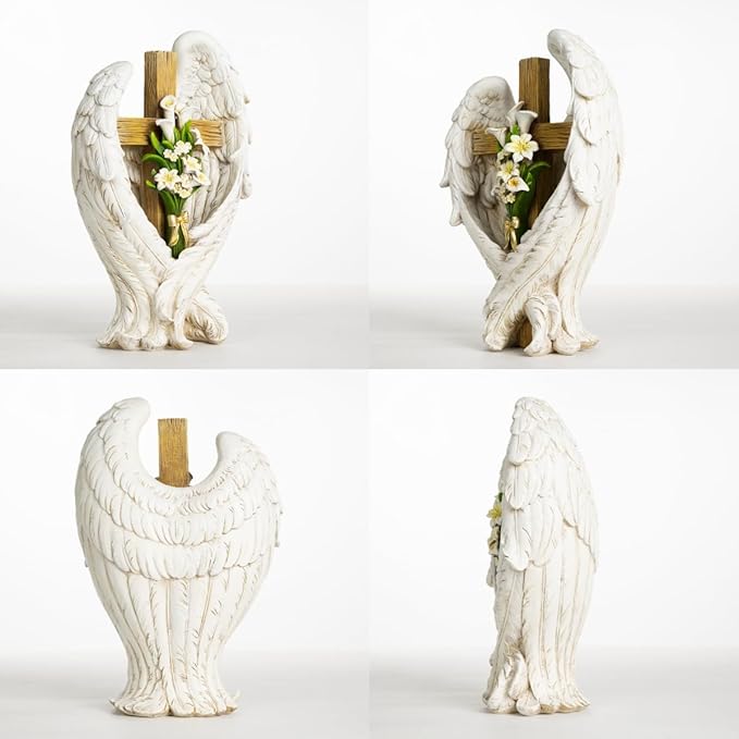 12" Angel Wings Embracing Cross and Calla Lily Garden Statue Memorial Statue-BloomoryGarden