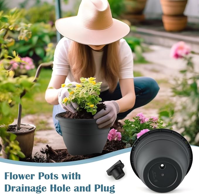 11 Inch Plant Pots, 3 Pack Planters for Indoor Ourdoor Plants, Round Plastic Flower Pots, Large Planters with Drainage Hole and Plug, Gray-BloomoryGarden