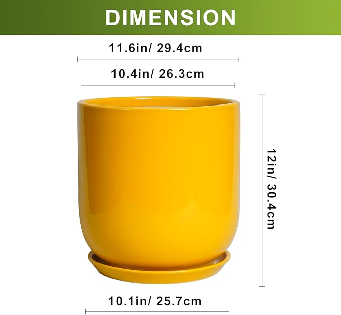 12 Inch Pots for Plants - Ceramic Planter for Outdoor Plants Large Plant Pot Indoor with Drainage Hole Modern Flower Pot for Home Patio Office Decor Yellow-BloomoryGarden