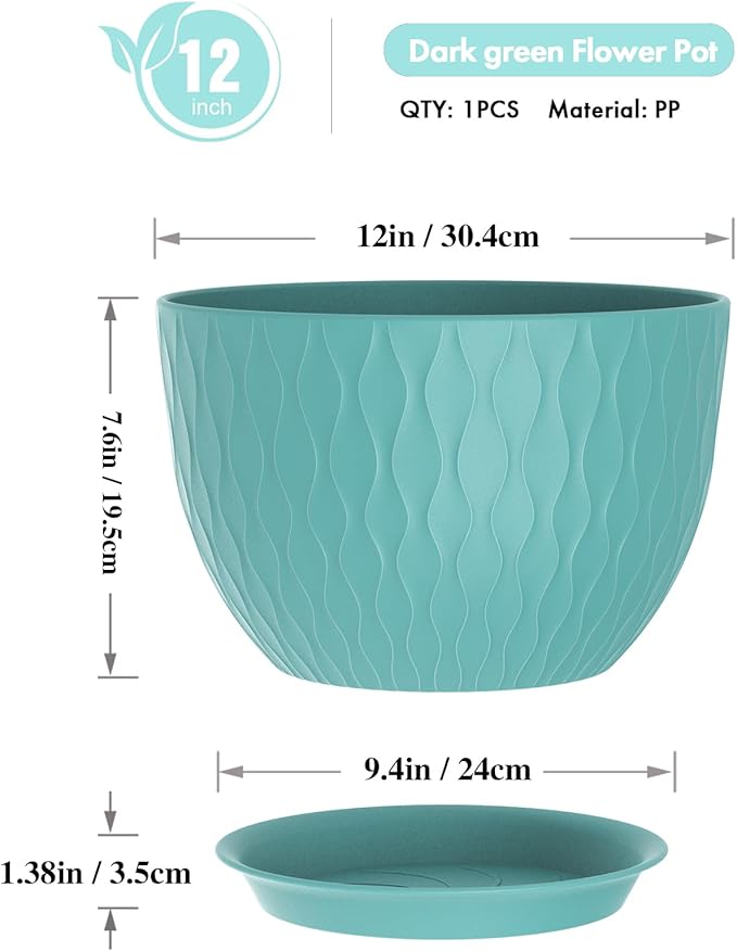 12 Inch Large Plant Pots for Indoor or Outdoor Plants, Wide Water Ripples Flower Pots with Drainage Holes & Saucer, Plastic Planters Set for Garden & Home Decor (Blue Green)-BloomoryGarden