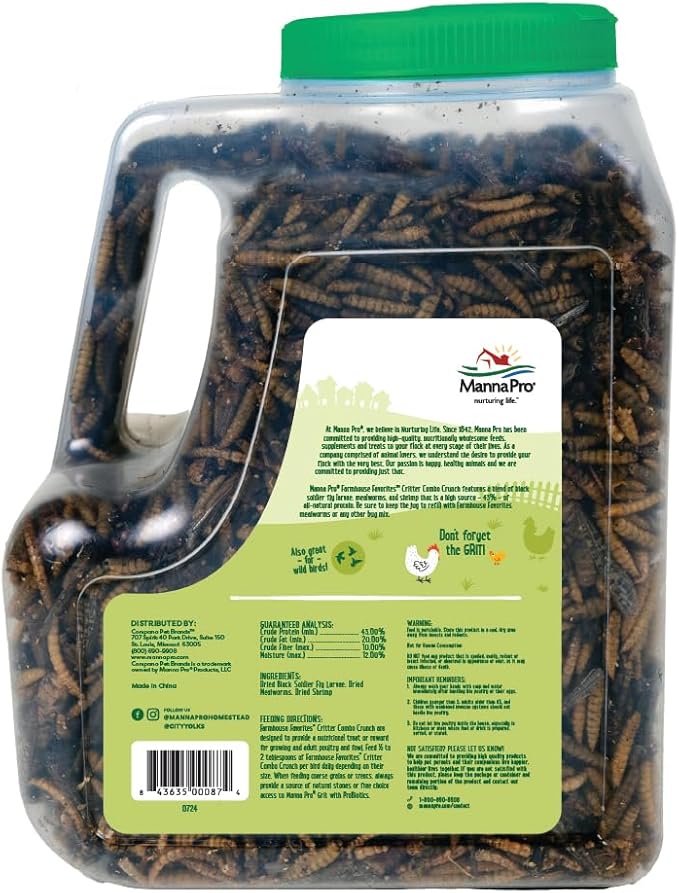 Manna Pro Farmhouse Favorites Critter Combo Crunch Bug Jug – Engaging Poultry Treat – Blend of Black Solider Fly Larvae, Mealworms & Shrimp – Great Source of Protein – Encourages Foraging – 25oz-BloomoryGarden