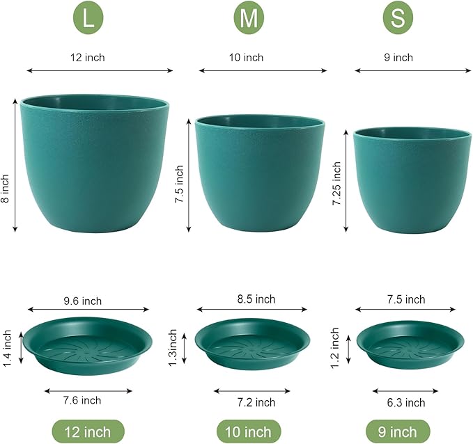 12/10/9 Large Modern Plant Pots, Plastic Planters with Drainage Holes and Saucers for Indoor Outdoor Plants Flowers, Malachite Green-BloomoryGarden