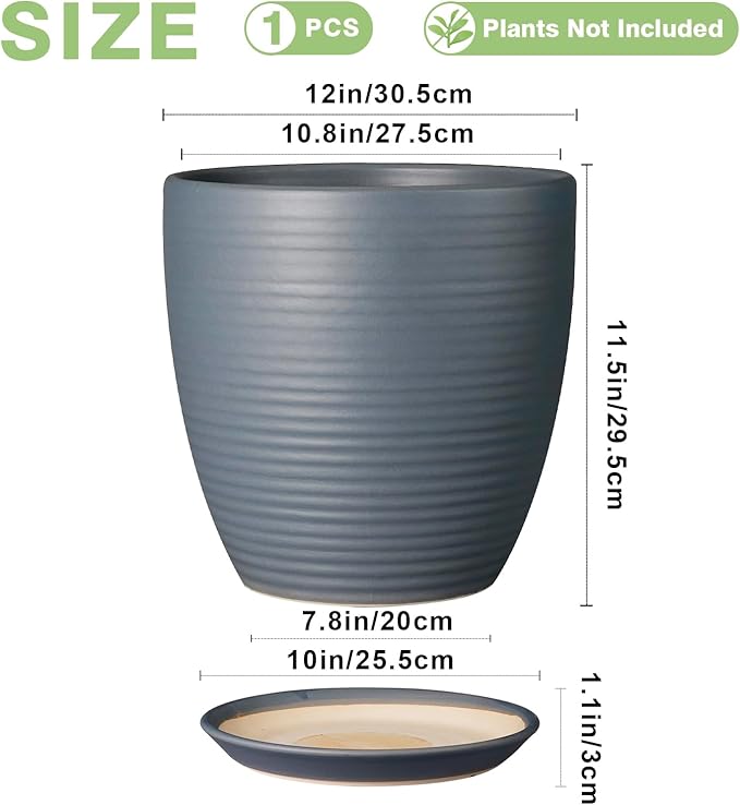 12 Inch Pots for Plants Ceramic Planter Pot Large Flower Pot with Drainage Hole and Saucer for Home Patio Garden Office Indoor Outdoor Gray-BloomoryGarden