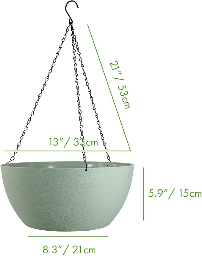 13 inch Large Hanging Planters Plant Pots for Outdoor Indoor Plants with Drainage Holes and Chain, 2 Pack Round Hanging Flower Pots for Garden Home Porch Decor, Green-BloomoryGarden
