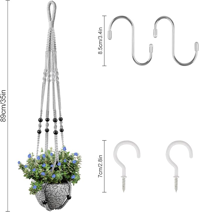 Macrame Plant Hanger for 5 to 10 Inch Plant Pots, Set of 2 Indoor Handmade 35 Inch Woven Rope Hanger Kits with Hooks and Wood Beads, Hanging Planter Basket Holder for Boho Home Decor (Grey, 2 Pack)-BloomoryGarden