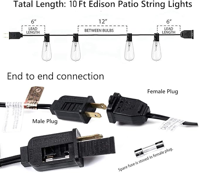 10Ft Outdoor String Lights Waterproof, Hanging Patio Lights with 11 Edison Bulbs (1 Spare), ST40 Vintage Edison Bulbs String Lights for Indoor Garden Backyard Party Wedding Balcony Decor- Black-BloomoryGarden