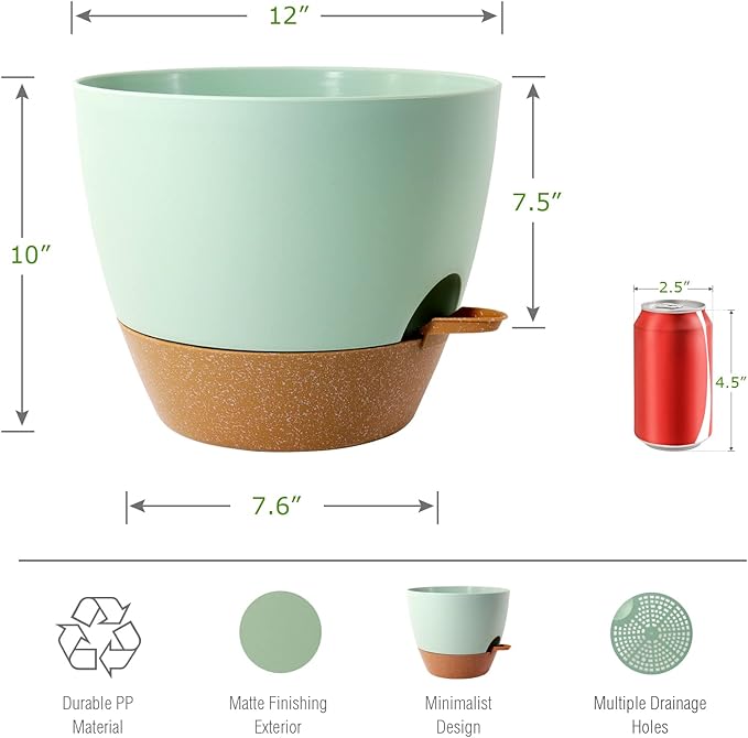 12 inch Large Self Watering Pots, Plastic Planters with 60oZ Removable Deep Reservoir and Multi Mesh Drainage Holes for Indoor Outdoor Garden Plants and Flowers, Green with Brown-BloomoryGarden
