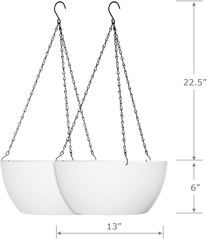 13 inch Large Hanging Planters Plant Pots for Outdoor Indoor Plants with Drainage Holes and Chain, 2 Pack Round Hanging Flower Pots for Garden Home Porch Decor, White-BloomoryGarden