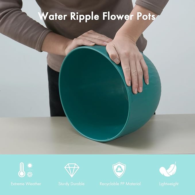 12 Inch Large Plant Pots for Indoor or Outdoor Plants, Wide Water Ripples Flower Pots with Drainage Holes & Saucer, Plastic Planters Set for Garden & Home Decor (Blue Green)-BloomoryGarden