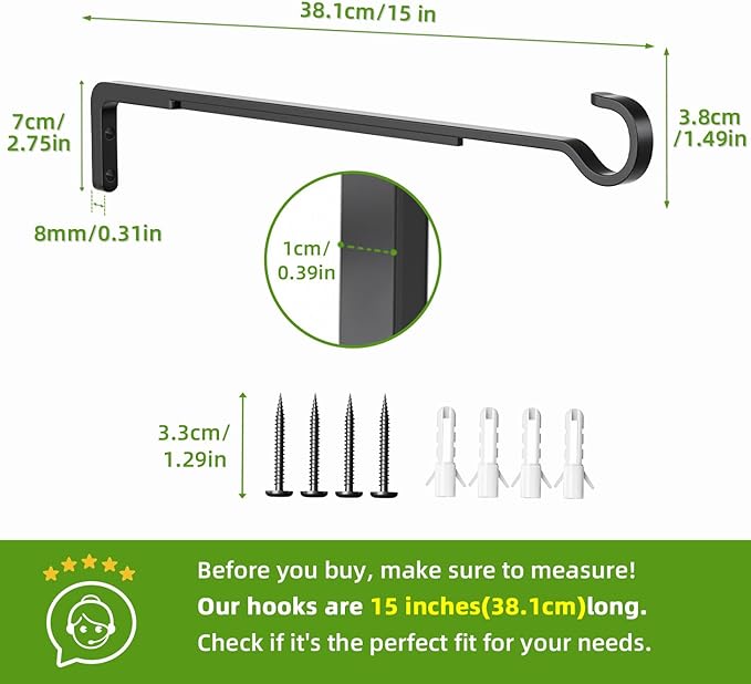 15 Inch 2 Black Pack Heavy Duty Outdoor Plant Hangers for Hanging Baskets, Iron Hanging Plant Brackets for Hanging Plants Outside, Metal Plant Hooks Plant Wall Hooks for Hanging Lantern, Bird Feeder-BloomoryGarden