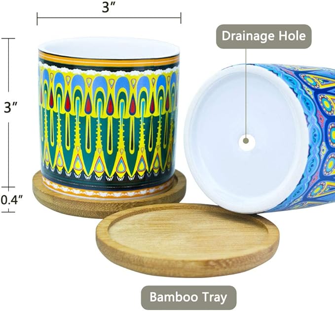 Mandala Succulent Pot with Drainage Hole & Bamboo Coaster, Small Plant Pots, Bohemian Ceramic Succulent Planter Pot for Small Plant-6 Pack-BloomoryGarden