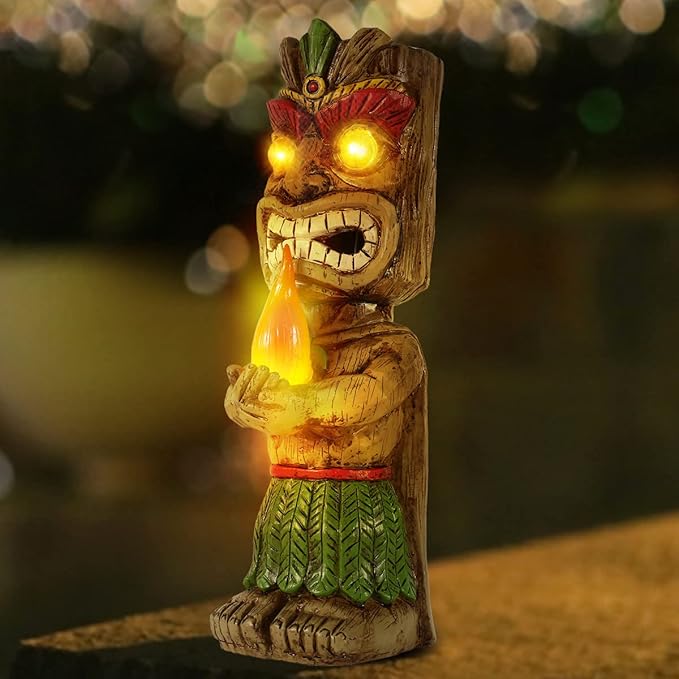 13" Tall Solar Torch Tiki Garden Statue, Resin Large Tiki Decor Figurine with Solar Lights, Hawaiian Tiki Man, Outdoor Patio Yard Lawn Bar Party Beach Pool Pond Decoration, Valentine's Day Gift-BloomoryGarden