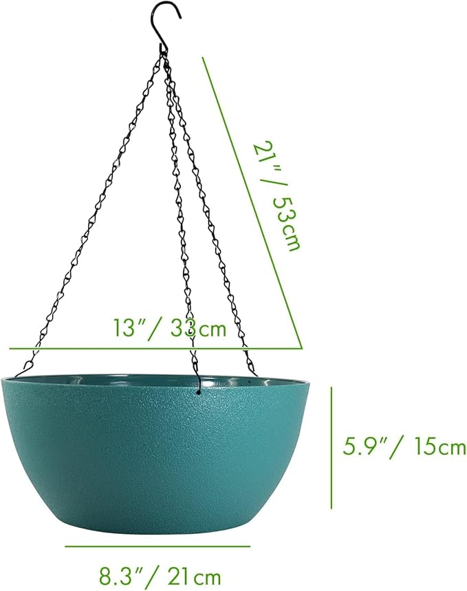 13 inch Large Hanging Planters Plant Pots for Outdoor Indoor Plants with Drainage Holes and Chain, 2 Pack Round Hanging Flower Pots for Garden Home Porch Decor, Blue Green-BloomoryGarden