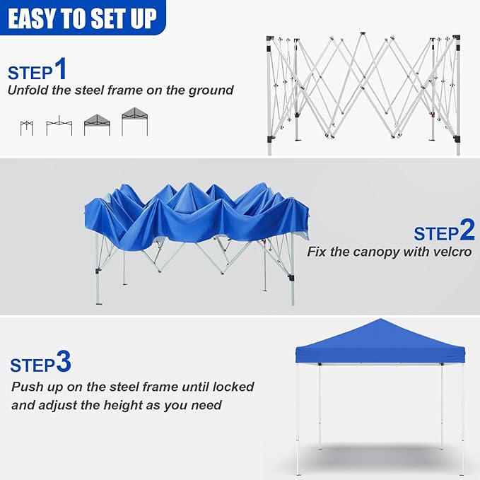 10x10ft Pop Up Canopy Tent,Heavy Duty Waterproof Folding Tent for Camping Parties Events Parties,Outdoor Canopy,Portable Sun Shelter,3 Adjustable Height(Blue)-BloomoryGarden