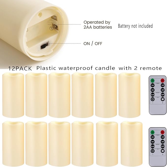 12PACK Waterproof Flameless Candles with Remote Control Candle, Battery Operated Flickering LED Pillar Candle Plastic,Large Size(D3 x H5.5) for Outdoor/Indoor Decoration Wedding, Party, Birthday-BloomoryGarden