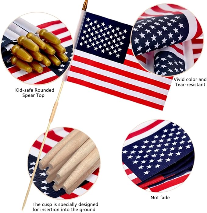 100 Pcs 12x18 Inch American Flags on Stick, American Flags, USA Stick Flag with Handheld and Grounded Multi-Purpose Flagpole, Design for Memorial Day, 4th of July, Veterans Day-BloomoryGarden