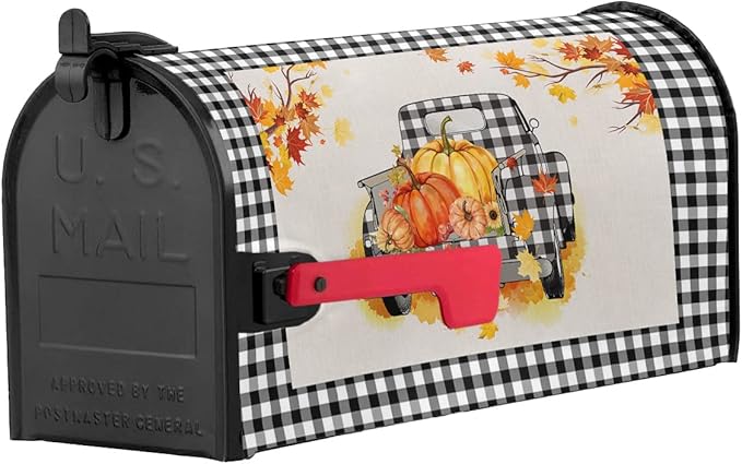 Magnetic Mailbox Cover Oversized 21"x25.5" Fall Black and White Buffalo Plaid Truck with Pumpkins Post Box Cover Mailbox Wraps Post Letter Box Cover for Holiday Garden Yard Outdoor Decor-BloomoryGarden