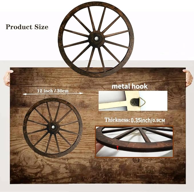 (2 Pieces) 12" Wood Carved Wheel Decor, Western Style Decorative Wagon Wheels for Modern Vintage Home Decor, Suitable for Farmhouse, Living Room, Bookcase, Bar, Garage, Coffee Shop, Studio Decor-BloomoryGarden