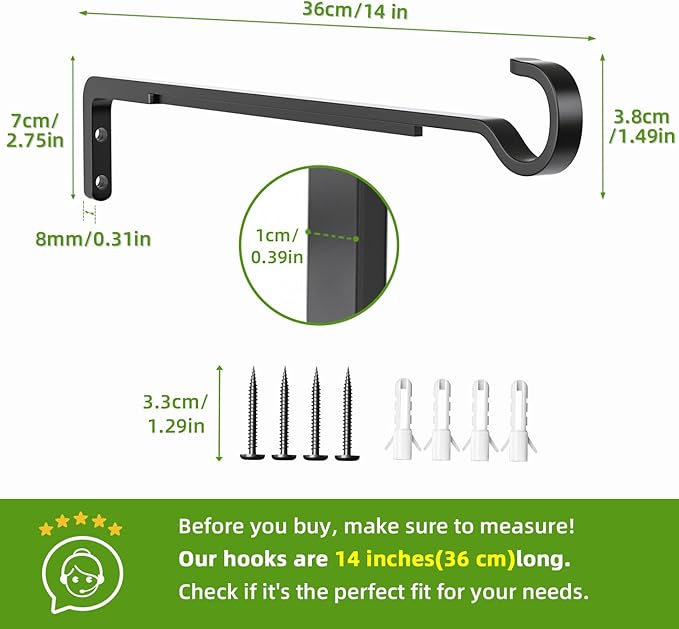 14.17 Inch Black Heavy Duty Outdoor Plant Hangers for Hanging Baskets, Iron Hanging Plant Brackets for Hanging Plants Outside, Metal Plant Hooks Plant Wall Hooks for Hanging Lantern (2 pcs)-BloomoryGarden