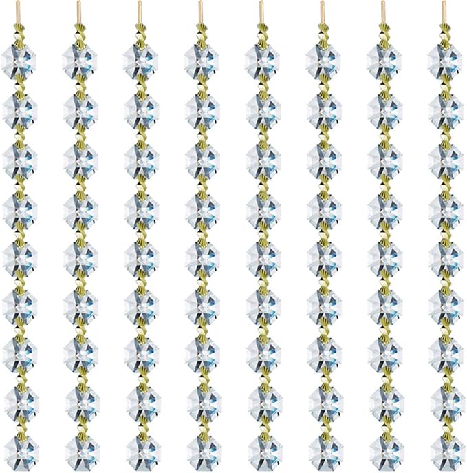 12.5 FT Crystal Glass Strand, Garland Octagon Beads Chandelier Crystal Prism Replacement for Hanging Clear with Golden Clips-BloomoryGarden