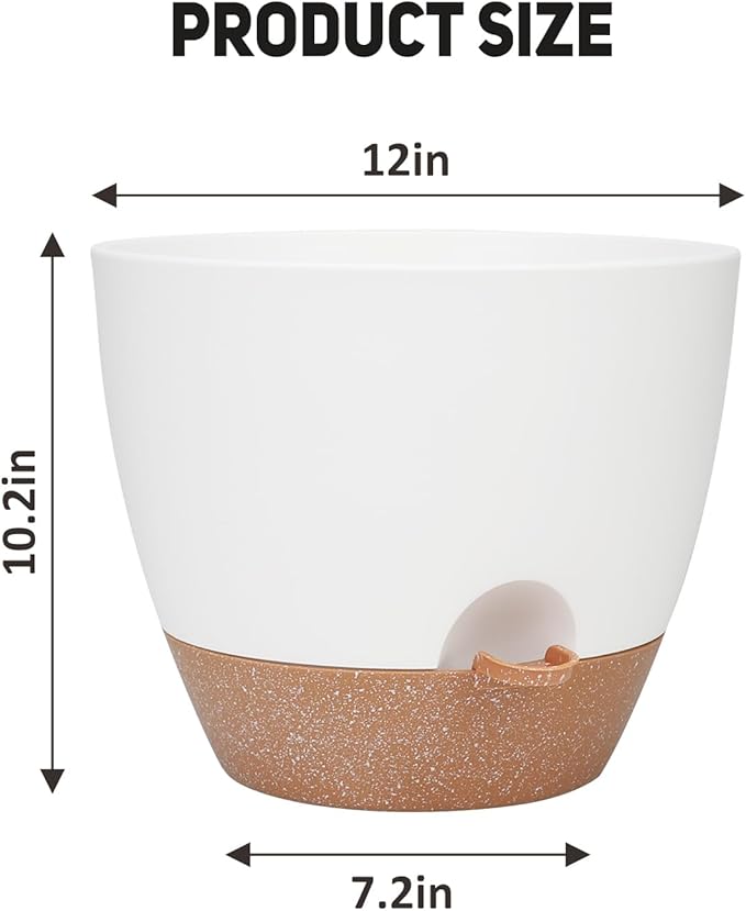 12 Inch Large Self Watering Plant Pot Set, Flower Pots with Multi-Mesh Drainage Holes and Saucer, Suitable for Indoor and Outdoor Garden Plants, White.-BloomoryGarden