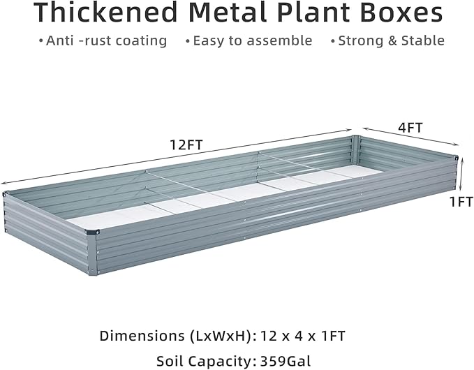 12x4x1FT Galvanized Raised Garden Beds Kit Large Outdoor Metal Gardening Planter Box for Vegetable Elevated Flower Herbs, Gray-BloomoryGarden