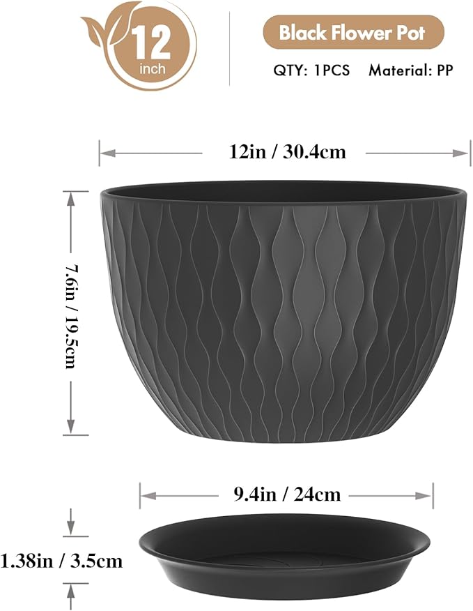 12 Inch Large Plant Pots for Indoor or Outdoor Plants, Wide Water Ripples Flower Pots with Drainage Holes & Saucer, Plastic Planters Set for Garden & Home Decor (Black)-BloomoryGarden