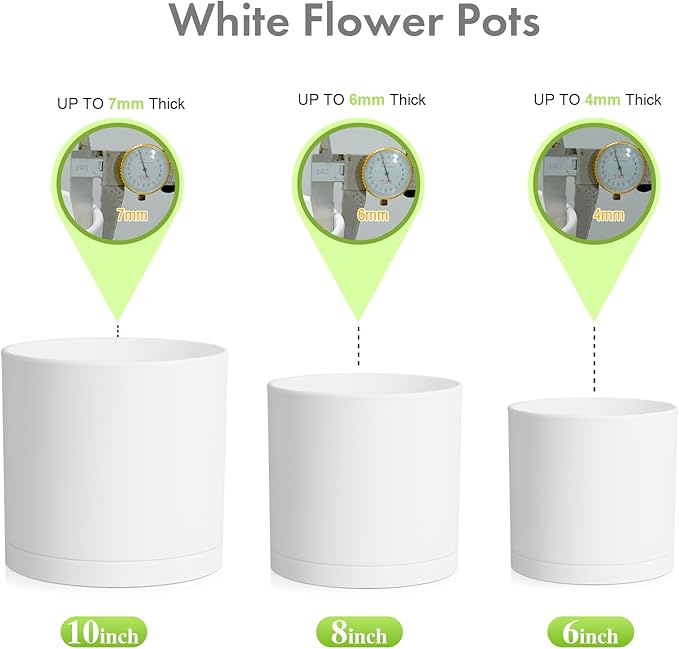 10/8/6 inch Deep Flower Pots, 3 Pack Cylinder Tall Plant Pots for Outdoor Indoor Plants, Large Decorative Plastic Planters with Drainage Holes and Saucers for Garden House Plants, White-BloomoryGarden
