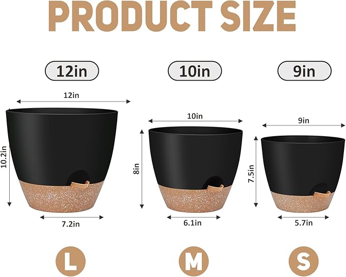12" 10" 9" Large Self Watering Plant Pots, 3 Pack Flower Pots Planters with Multi Mesh Drainage Holes for Indoor Outdoor Garden Plants and Flowers (Black)-BloomoryGarden