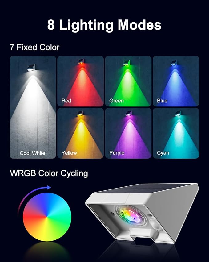 12 Pack Color Changing Solar Powered Fence Lights Outdoor Decorative LED Waterproof Yard Lighting for Outside Wall, Deck, House Patio, Rail, Backyard, 8 Colorful Modes, Easy Install (White Shell)-BloomoryGarden