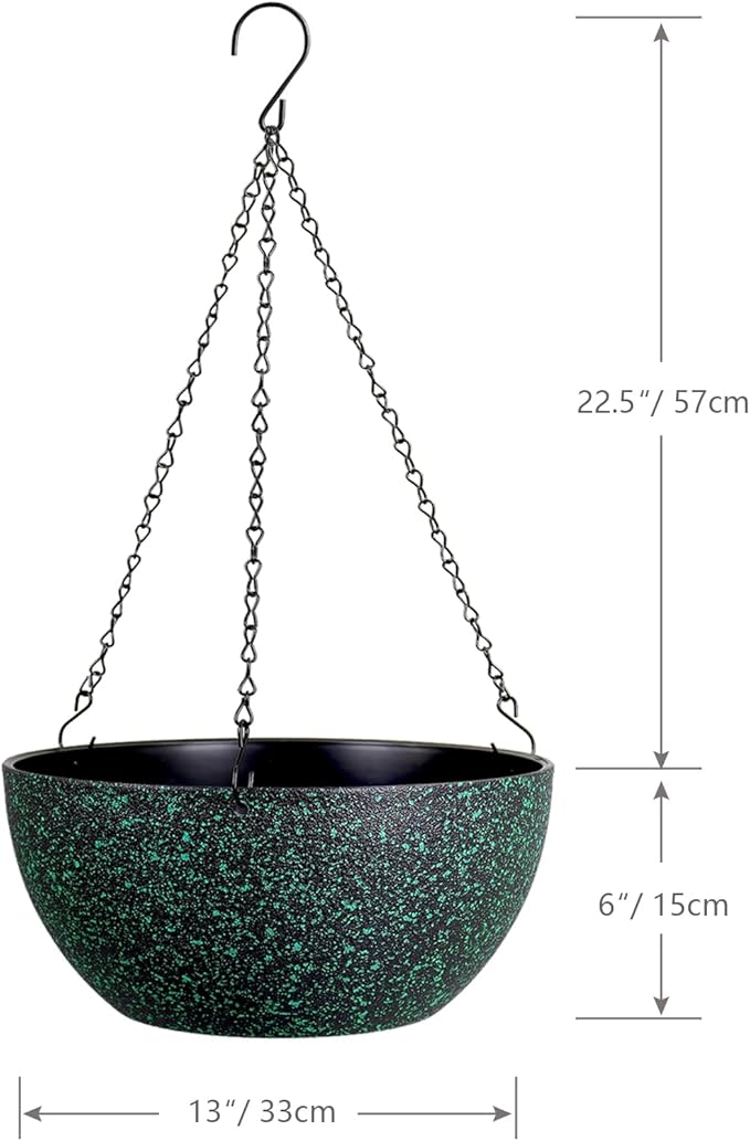 13inch Large Hanging Planters Pots for Outdoor Indoor Plants with Drainage Holes and Chain, 2pack Round Hanging Flower Pots for Garden Home Porch Decor, Black with Green Speckles-BloomoryGarden