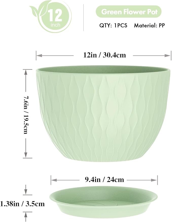 12 Inch Large Plant Pots for Indoor or Outdoor Plants, Wide Water Ripples Flower Pots with Drainage Holes & Saucer, Plastic Planters Set for Garden & Home Decor (Green)-BloomoryGarden