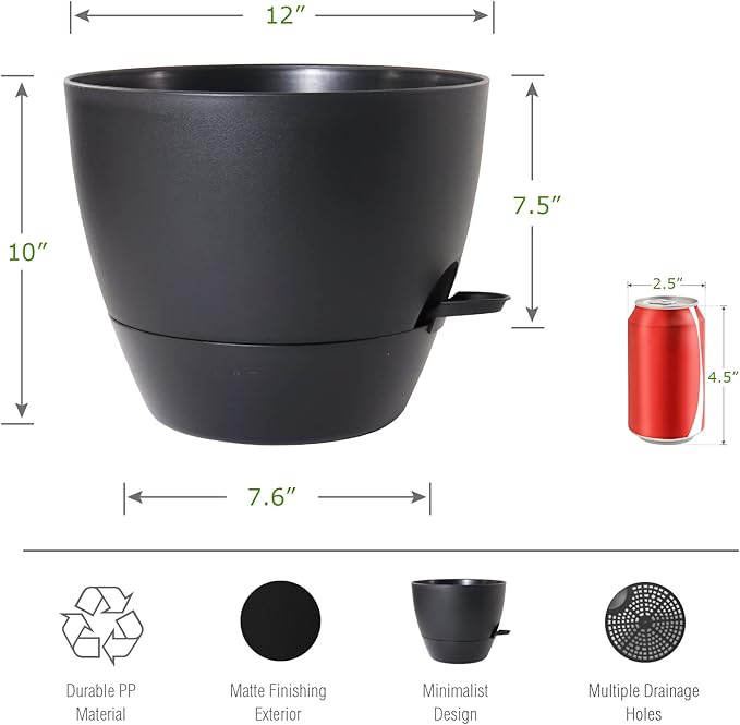 12 inch Large Self Watering Pots, Plastic Planters with 60oZ Removable Deep Reservoir and Multi Mesh Drainage Holes for Indoor Outdoor Garden Plants and Flowers, Black-BloomoryGarden