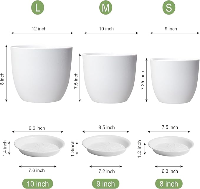 12/10/9 Large Modern Plant Pots, Plastic Planters with Drainage Holes and Saucers for Indoor Outdoor Plants Flowers, White-BloomoryGarden