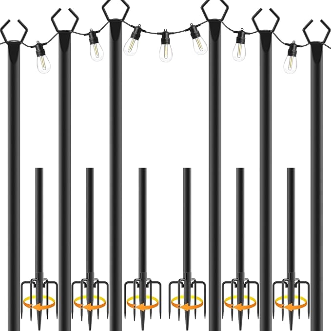 10Ft String Light Poles 6 Pack,Light Poles for Outside Lights,Outdoor with Fence Brackets Hanging Lights,Metal Stand Deck Patio Backyard-BloomoryGarden